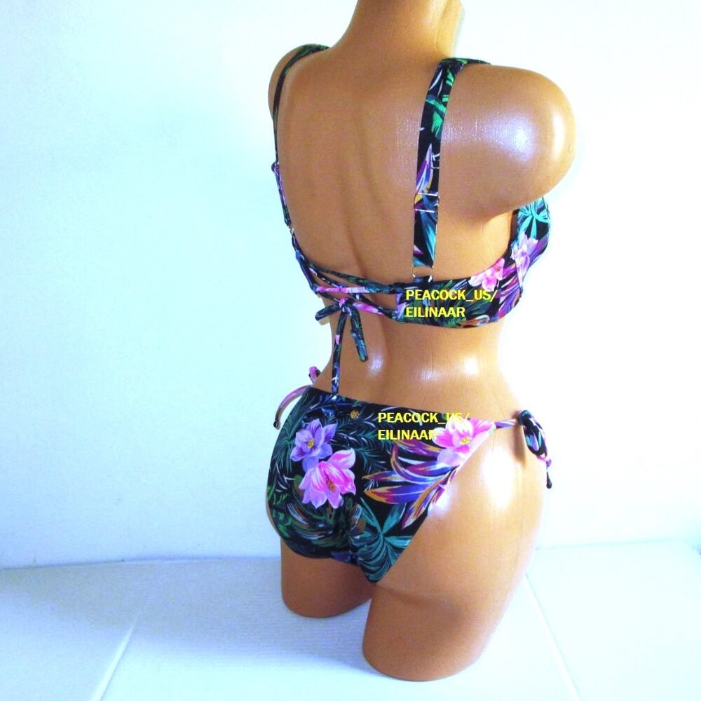 34C/S VICTORIA SECRET SWIM Lace-Up Top Bikini Set Side Tie Cheeky Bottom Floral - Picture 9 of 12